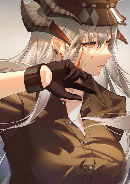 Anime picture 1000x1415 with arknights saria (arknights) kernel killer single long hair tall image fringe breasts simple background hair between eyes looking away upper body profile arm up horn (horns) grey hair orange eyes gradient background open collar girl
