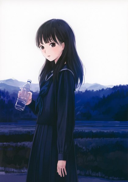 Anime picture 1226x1750 with original grumble (artbook) kishida mel single long hair tall image looking at viewer open mouth black hair standing holding brown eyes sky mountain landscape girl uniform plant (plants) school uniform tree (trees)