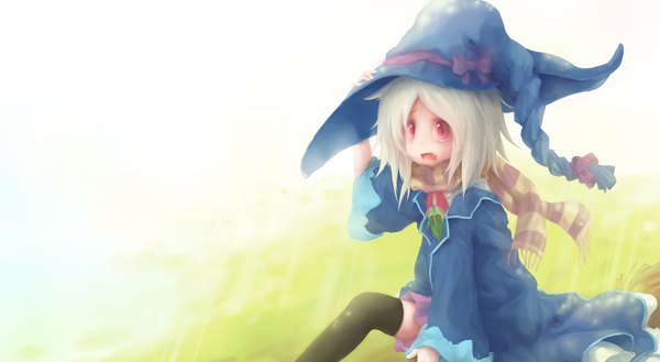 Anime picture 2596x1424 with merc storia yurue manahui single highres short hair open mouth blonde hair red eyes wide image sitting white hair witch confused girl thighhighs black thighhighs hat scarf witch hat