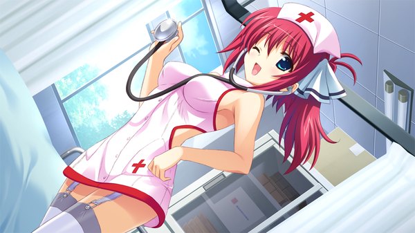 Anime picture 1024x576 with love-bride eve single short hair open mouth blue eyes light erotic wide image game cg red hair nurse girl thighhighs white thighhighs stethoscope hospital