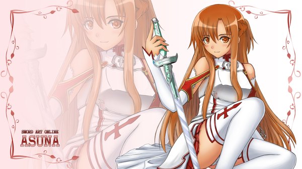 Anime picture 1920x1080 with sword art online a-1 pictures yuuki asuna tonnelee long hair looking at viewer highres brown hair wide image brown eyes copyright name character names girl thighhighs weapon detached sleeves white thighhighs sword