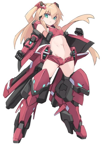 Anime picture 1118x1600 with densou tenshi valforce misawa elena karukan (monjya) single long hair tall image looking at viewer fringe light erotic simple background blonde hair hair between eyes white background green eyes full body bare belly :< open shorts mecha musume girl