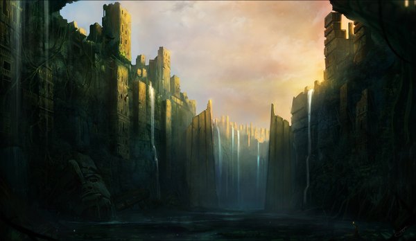Anime picture 1500x872 with original blinck (artist) wide image city evening sunset ruins rock waterfall water statue