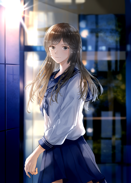 Anime picture 2500x3500 with original ittetsu taro single long hair tall image looking at viewer fringe highres black hair payot outdoors long sleeves pleated skirt black eyes blurry expressionless walking girl skirt uniform