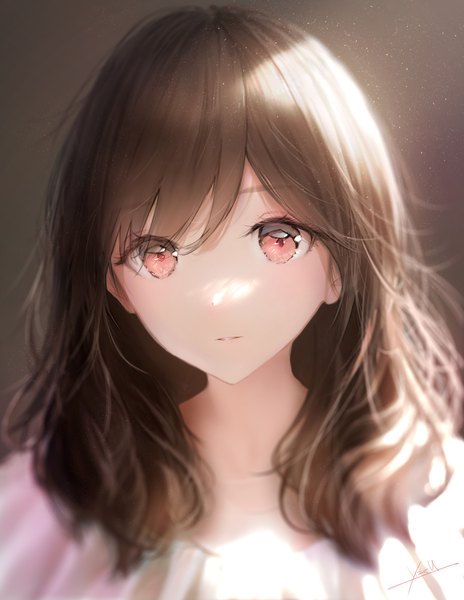 Anime picture 1360x1760 with original ojay tkym single long hair tall image looking at viewer fringe simple background hair between eyes red eyes brown hair signed payot upper body blurry hair over one eye portrait dark background girl