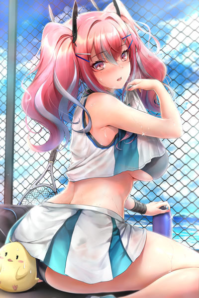 Anime picture 4000x6000 with azur lane manjuu (azur lane) bremerton (azur lane) bremerton (scorching-hot training) (azur lane) rei kun single long hair tall image looking at viewer blush fringe highres breasts open mouth light erotic hair between eyes large breasts sitting twintails holding