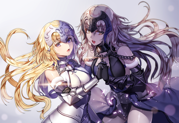 Anime picture 1000x686 with fate (series) fate/grand order fate/apocrypha jeanne d'arc (fate) (all) jeanne d'arc alter (fate) jeanne d'arc (fate) jeanne d'arc alter (avenger) (third ascension) (fate) ruhee long hair looking at viewer fringe breasts open mouth light erotic simple background blonde hair purple eyes multiple girls orange eyes holding hands