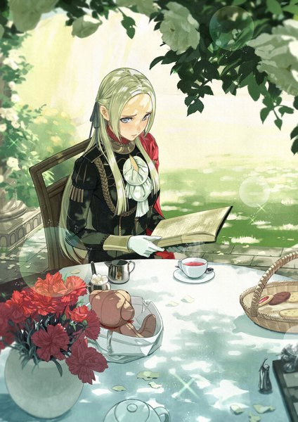 Anime picture 1216x1719 with fire emblem fire emblem: three houses nintendo edelgard von hresvelg mueririko single long hair tall image looking at viewer blush sitting purple eyes holding silver hair outdoors long sleeves sparkle lens flare half updo girl