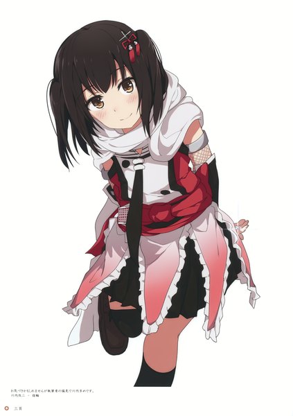 Anime picture 2466x3500 with kantai collection milky been! (ogipote) - kancolle "heroine" eshuu sendai light cruiser ogipote single tall image blush highres short hair black hair simple background smile white background brown eyes scan two side up hands behind back remodel (kantai collection) girl thighhighs