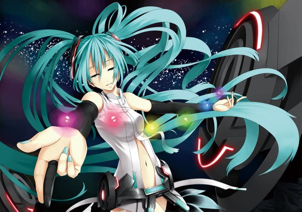 Anime picture 2480x1748 with vocaloid vocaloid append hatsune miku hatsune miku (append) fuyu (fuyunomi) single highres twintails eyes closed very long hair nail polish aqua hair spread arms girl detached sleeves star (stars)