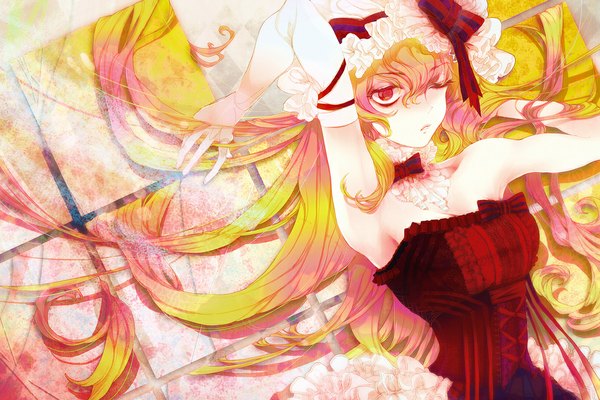 Anime picture 1178x786 with touhou yakumo yukari yukizen long hair red eyes one eye closed multicolored hair wink girl bow hair bow hat corset