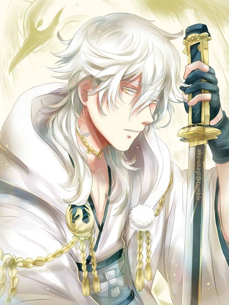 Anime picture 800x1067 with touken ranbu nitroplus tsurumaru kuninaga evil-usagi single long hair tall image looking at viewer fringe hair between eyes holding signed yellow eyes payot white hair traditional clothes parted lips japanese clothes arm up wide sleeves