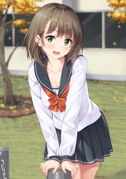 Anime picture 2893x4092 with original unasaka ryou single tall image looking at viewer blush fringe highres short hair open mouth smile brown hair standing green eyes outdoors blunt bangs long sleeves :d pleated skirt blurry