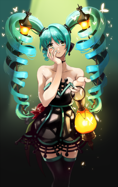 Anime picture 800x1266 with vocaloid hatsune miku lamp miku mono curry single tall image looking at viewer twintails yellow eyes very long hair aqua hair drill hair girl thighhighs dress insect butterfly lamp