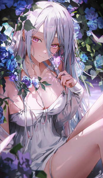 Anime picture 2000x3443 with original kellymonica02 single long hair tall image looking at viewer blush fringe highres breasts light erotic hair between eyes large breasts sitting cleavage silver hair pink eyes mole mole under mouth girl