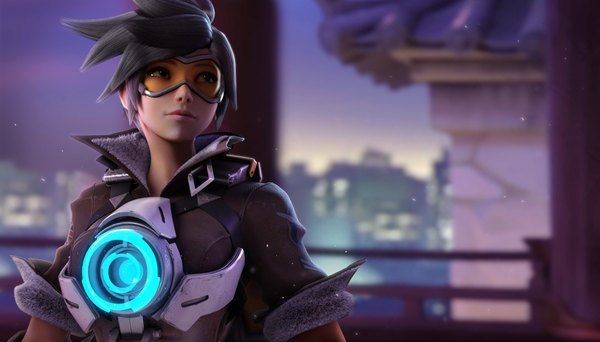 Anime picture 1920x1097 with overwatch blizzard entertainment tracer (overwatch) kevin lumoindong single fringe highres short hair black hair wide image brown eyes looking away upper body light smile lips realistic short sleeves fur trim spiked hair freckles
