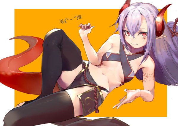 Anime picture 1771x1253 with original melusine (ibuki notsu) kumonji aruto single long hair looking at viewer fringe highres breasts light erotic simple background hair between eyes red eyes bare shoulders payot purple hair tail parted lips horn (horns) pointy ears