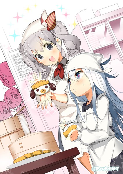 Anime picture 1403x1984 with kantai collection hibiki destroyer kashima training cruiser inazuma destroyer ikazuchi destroyer ryu naitou tall image blush fringe open mouth blue eyes smile hair between eyes standing twintails multiple girls indoors grey hair sparkle loli