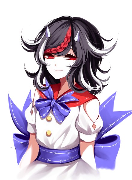 Anime picture 2200x3000 with touhou kijin seija sheya single tall image looking at viewer highres black hair simple background smile red eyes white background upper body braid (braids) multicolored hair horn (horns) short sleeves puffy sleeves pale skin girl