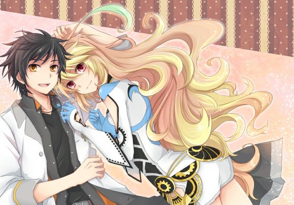 Anime picture 1000x700 with tales of (series) tales of xillia milla maxwell jude mathis kawamura raichi (artist) long hair short hair open mouth black hair blonde hair red eyes yellow eyes couple girl dress boy