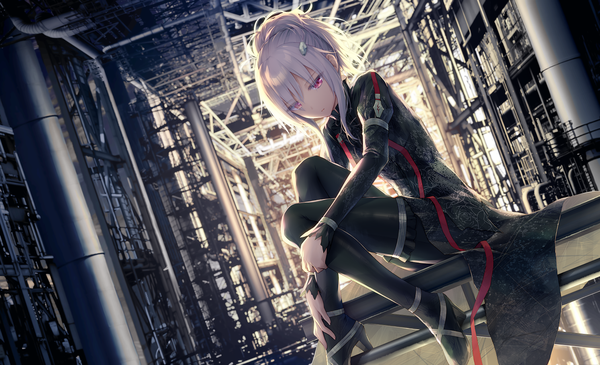 Anime picture 1506x915 with guilty crown production i.g yuzuriha inori haribote (tarao) single looking at viewer fringe short hair wide image sitting payot full body bent knee (knees) long sleeves pink eyes grey hair hair over one eye high heels girl pantyhose
