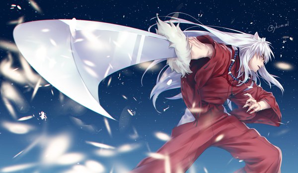 Anime picture 4292x2500 with inuyasha inuyasha (character) omochi daifuku single long hair highres wide image signed animal ears absurdres silver hair profile twitter username outstretched arm fighting stance dog ears boy weapon sword claws
