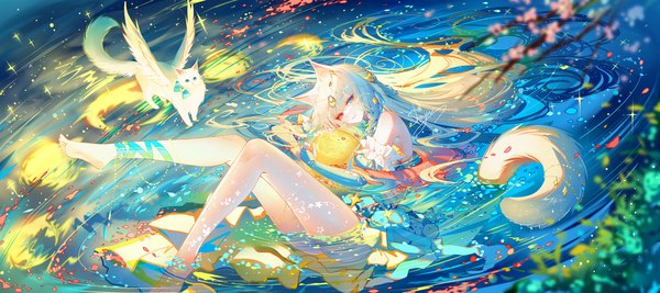 Anime picture 4000x1777 with original sheya single long hair looking at viewer highres blonde hair wide image animal ears tail braid (braids) animal tail barefoot cat ears bare legs sparkle cat girl cat tail legs heterochromia