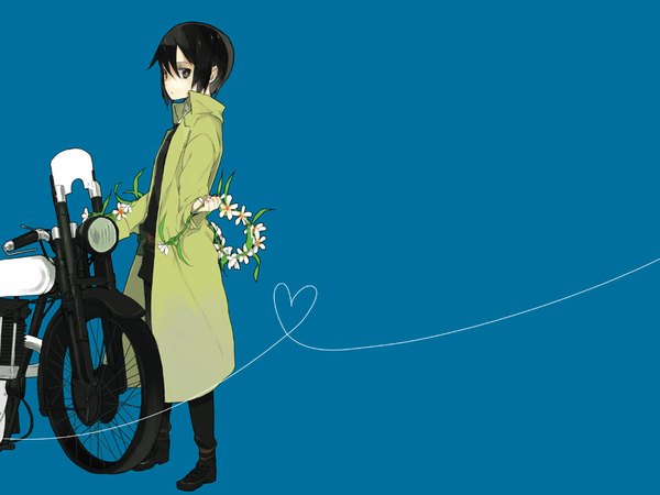 Anime picture 1024x768 with kino no tabi kino (kino no tabi) hermes short hair wallpaper androgynous reverse trap tomboy flower (flowers) coat motorcycle