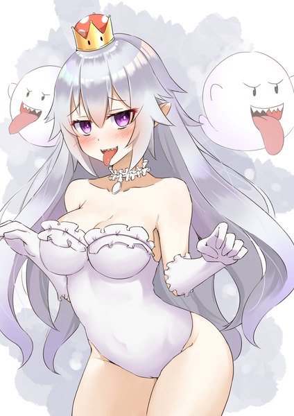 Anime picture 1488x2105 with super mario bros. new super mario bros. u deluxe princess king boo boo (mario) m kong single long hair tall image looking at viewer blush fringe breasts open mouth light erotic simple background hair between eyes standing purple eyes bare shoulders cleavage