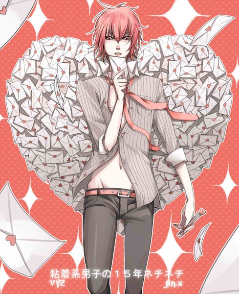 Anime picture 1000x1226 with vocaloid vy2 66 (roro) tagme (artist) single tall image highres short hair open mouth pink hair pink eyes open clothes open shirt boy navel necktie heart letter love letter