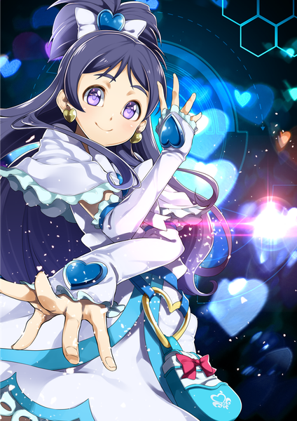 Anime picture 750x1060 with precure futari wa pretty cure toei animation yukishiro honoka cure white yuuzii single long hair tall image looking at viewer blush black hair smile purple eyes ponytail from below eyebrows magical girl girl detached sleeves