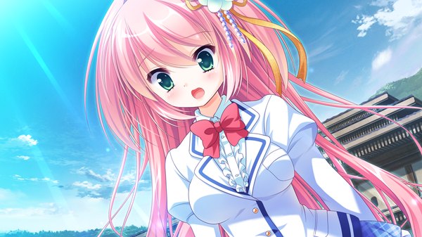 Anime picture 1024x576 with harumade kururu long hair blush open mouth wide image green eyes pink hair game cg girl uniform hair ornament school uniform bowtie