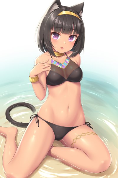 Anime picture 880x1320 with original sasaame single tall image looking at viewer blush fringe short hair breasts open mouth light erotic black hair simple background sitting purple eyes animal ears full body tail blunt bangs animal tail