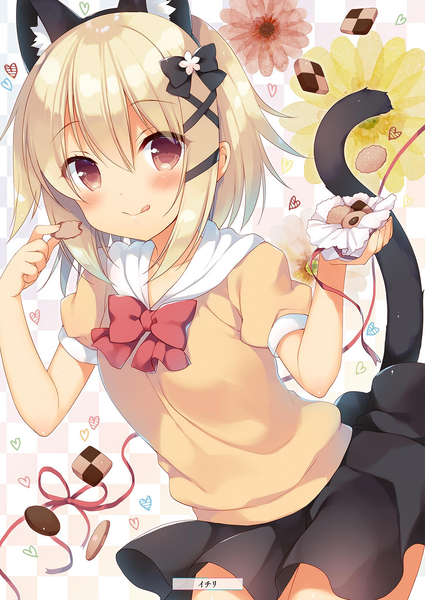 Anime picture 1451x2048 with alice or alice mako (alice or alice) sazaki ichiri single tall image looking at viewer blush fringe short hair blonde hair smile hair between eyes holding brown eyes signed animal ears tail animal tail cat ears scan
