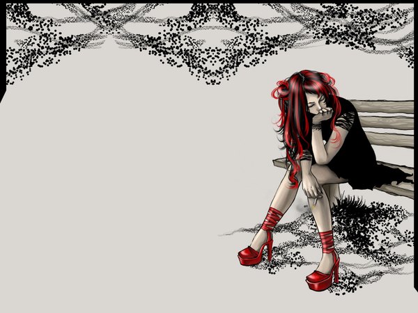 Аниме картинка 1600x1200 с tagme (artist) длинные волосы закрытые глаза поддержка рукой бордюр (описание) девушка обувь сигарета скамейка