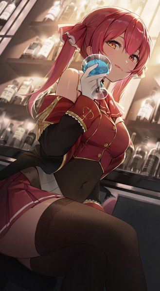 Anime picture 1000x1821 with virtual youtuber hololive houshou marine houshou marine (1st costume) eso (toory) single long hair tall image looking at viewer blush fringe hair between eyes red eyes sitting twintails yellow eyes red hair indoors from below heterochromia