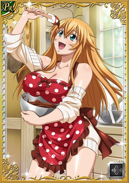 Anime picture 567x800 with ikkitousen sonsaku hakufu single long hair tall image blush fringe breasts open mouth blue eyes light erotic blonde hair hair between eyes large breasts standing bare shoulders holding ahoge indoors sparkle