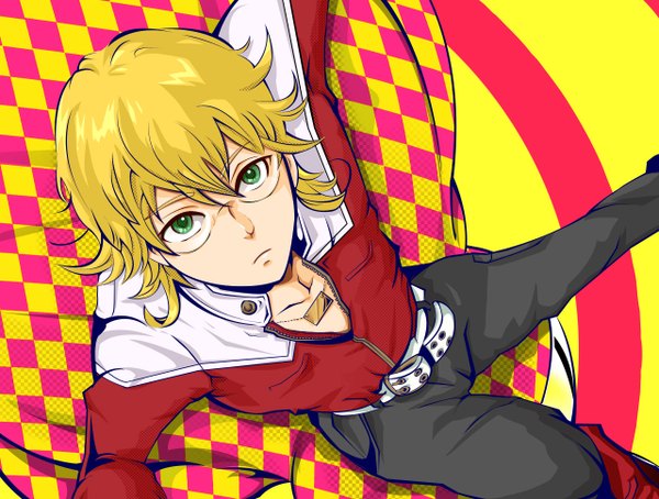 Anime picture 1280x970 with tiger & bunny sunrise (studio) barnaby brooks jr. single short hair blonde hair sitting green eyes boy glasses cage