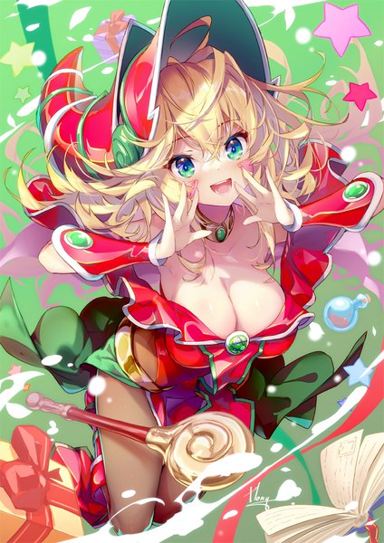 Anime picture 707x1000 with yu-gi-oh! dark magician girl hong (white spider) single long hair tall image fringe breasts open mouth light erotic blonde hair hair between eyes large breasts green eyes looking away :d christmas green background blush stickers girl
