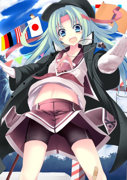 Anime picture 1157x1636 with original moe2013 sukage single long hair tall image blush open mouth blue eyes green hair open clothes open jacket midriff bandaid on leg bandaid on knee girl skirt navel uniform school uniform