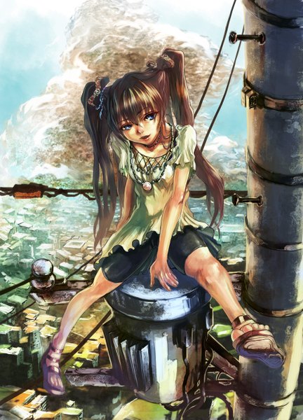 Anime picture 900x1250 with original kopa (artist) single long hair tall image open mouth blue eyes brown hair sitting twintails looking away sky cloud (clouds) city girl ribbon (ribbons) hair ribbon pendant building (buildings)