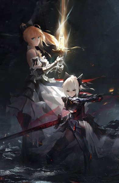 Anime picture 2000x3065 with fate (series) fate/grand order artoria pendragon (all) saber alter saber lily cell (acorecell) long hair tall image looking at viewer fringe highres short hair blonde hair hair between eyes standing bare shoulders multiple girls holding brown eyes green eyes