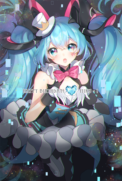 Anime picture 700x1040 with vocaloid magical mirai (vocaloid) hatsune miku magical mirai miku magical mirai miku (2019) pingo single tall image looking at viewer fringe blue eyes hair between eyes twintails blue hair very long hair :o happy birthday girl gloves hat