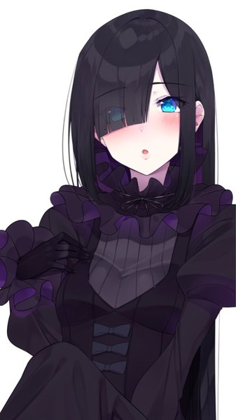 Anime picture 599x1064 with original nezumidoshi single long hair tall image looking at viewer blush fringe breasts open mouth blue eyes black hair simple background sitting blunt bangs arm up lips hair over one eye girl gloves