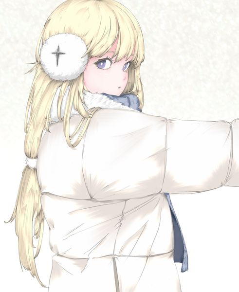 Anime picture 1462x1786 with alchemy stars bethlehem (alchemy stars) chance (artist) single long hair tall image looking at viewer fringe simple background blonde hair standing purple eyes long sleeves fur trim outstretched arm girl jacket scarf fur fur collar