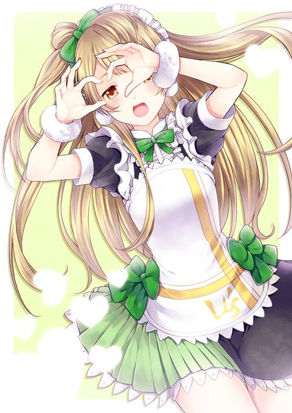 Anime-Bild 723x1023 mit love live! school idol project sunrise (studio) love live! minami kotori hara tsumoi single long hair tall image blush fringe open mouth brown hair brown eyes pleated skirt maid dutch angle puffy sleeves one side up border heart hands