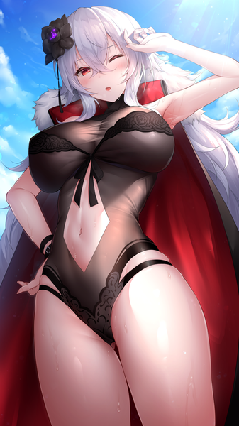 Anime picture 2700x4800 with azur lane graf zeppelin (azur lane) graf zeppelin (beachside urd) (azur lane) oyuwari single long hair tall image looking at viewer blush fringe highres breasts open mouth light erotic hair between eyes red eyes large breasts standing sky silver hair