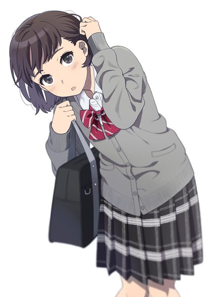 Anime picture 642x900 with original mattaku mousuke single tall image looking at viewer blush fringe short hair black hair simple background white background pleated skirt black eyes adjusting hair plaid skirt girl skirt uniform school uniform bowtie