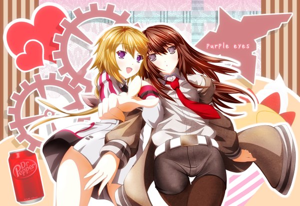 Anime picture 1258x868 with infinite stratos steins;gate white fox 8bit makise kurisu charles dunois rinereeto (artist) long hair open mouth blonde hair brown hair purple eyes multiple girls open clothes open jacket pointing girl 2 girls shirt necktie