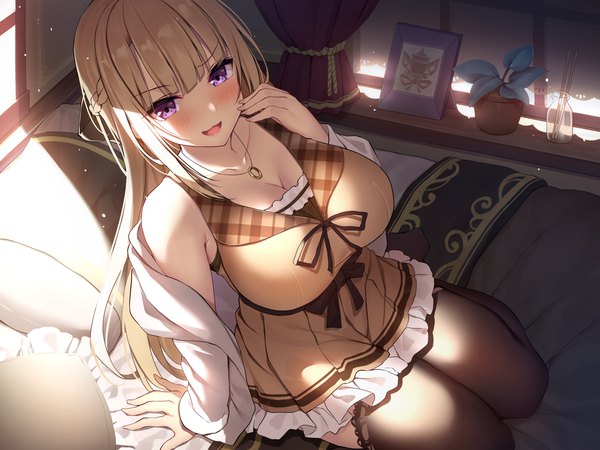 Anime picture 2880x2160 with original xe (execut3r) single long hair looking at viewer blush fringe highres breasts open mouth light erotic blonde hair smile large breasts sitting purple eyes payot cleavage indoors blunt bangs